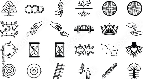 Family legacy and heritage icon pack with 20 minimalist black line vectors featuring parents, children, trees, roots, branches, stars, torches, and symbolic generational concepts.