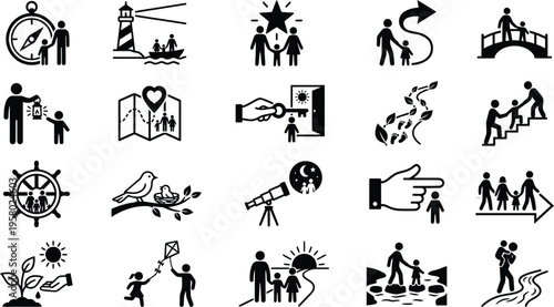 Family guidance and parenting icon pack with minimalist black line vectors featuring compass, lighthouse, paths, bridges, stars, and nurturing direction symbols