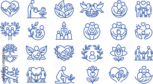 Family love and parenting icon pack with minimalist black line vectors featuring parents, child care, hearts, trees, vines, and nurturing symbolic concepts.
