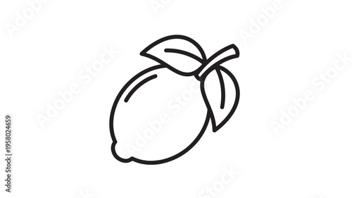 Lemon fruit outline with two leaves on a white background for design featuring citrus, food, healthy with vitamin C and yellow elements for sour,
