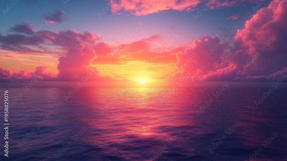Obraz premium Vibrant Sunrise Over Calm Ocean Reflecting Pink Clouds and Golden Sunlight