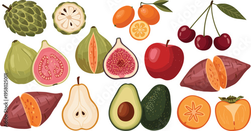 Realistic Fruit and Vegetable Vector Illustration Set Featuring Custard Apple, Fig, Guava, Avocado, Cherry, and Sweet Potato for Grocery and Cooking Designs