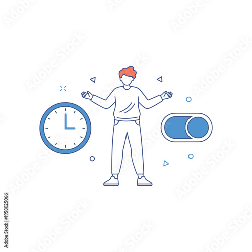 Man with Clock and Toggle Switch Symbolizing Time Management and Control.