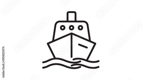 Ship front view icon with simple waves, a stylized representation of maritime travel and nautical transportation in a clean, modern design.
