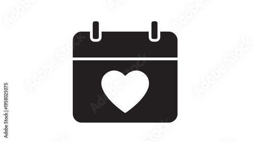 Calendar icon with a white heart on a black background, symbolizing love and important dates. featuring date, symbol, graphic with design and
