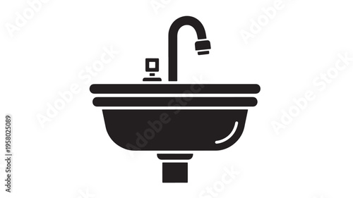 Sink basin with curved faucet and separate control knob, rendered as a simple black silhouette icon on a white background.