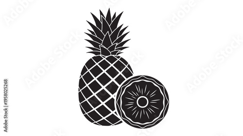 Pineapple fruit with a slice showing the cross-section and spiky crown, presented in bold black silhouette on a white background.