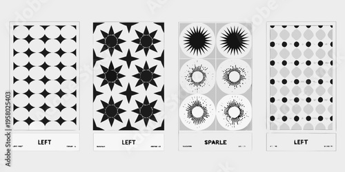 Four panels displaying geometric black and white patterned designs labeled left