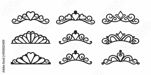 Collection of ornate black crown and tiara outline designs