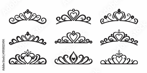 Collection of ornate black tiaras and crowns in various designs