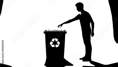 silhouette of a man holding a trash can