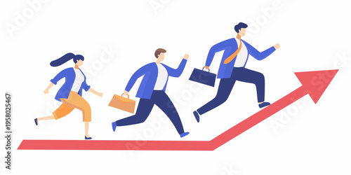 Business professionals running towards success on an upward trending arrow
