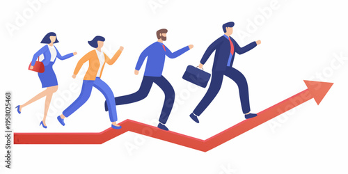 Business professionals running towards success on a rising arrow graph