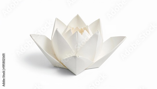 Minimalist origami lotus flower made from white paper on isolated background for zen and meditation concepts