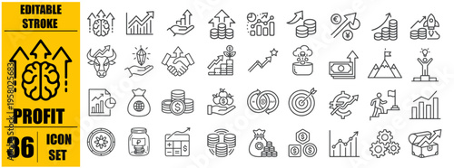 Profit icon set. Containing money, finance, growth, investment, cash, income, savings, earnings, management, pension and more. Editable line icons. Vector illustration.
