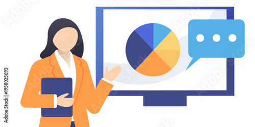 A businesswoman presenting data analytics and insights on a large screen