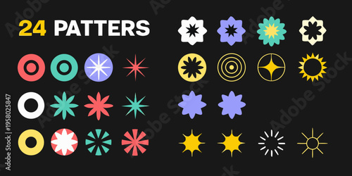 Collection of twenty four vibrant abstract patterns on a dark background