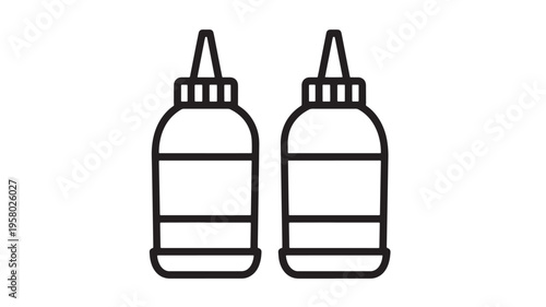 Bottles squeezy black outline icon set with dispensing caps for condiments or sauces, simple line art graphic illustration.