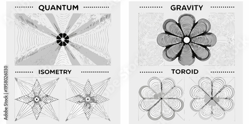 Abstract geometric diagrams illustrating quantum gravity isometry and toroid concepts