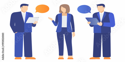 Business professionals discussing ideas with speech bubbles in a modern setting