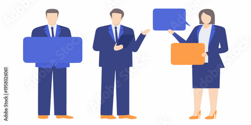 Three business professionals communicating with speech bubbles