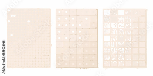 Three beige panels displaying varying densities of punched holes