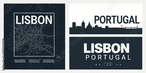 Lisbon and Portugal travel posters with city skyline and map details