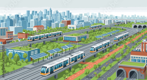 Modern electric trains on elevated tracks in a futuristic city.