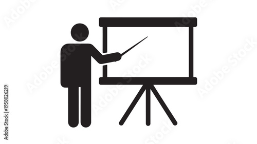 Person pointing at a blank presentation screen on a tripod easel for teaching, training, or business meetings.