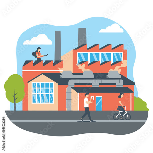 Modern Factory Building with Workers and Greenery.