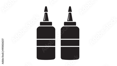 Bottles with precise applicators for fluids, showcasing a minimalist black silhouette design on a white backdrop, symbolizing precision application