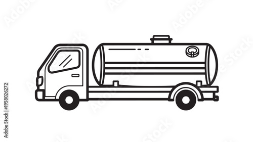 Tanker truck icon with a large cylindrical compartment for liquid transport, depicted in a clean black and white outline style.