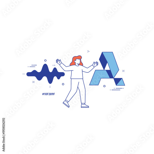 Person Interacting with Abstract Digital Waveform and Geometric Shape.