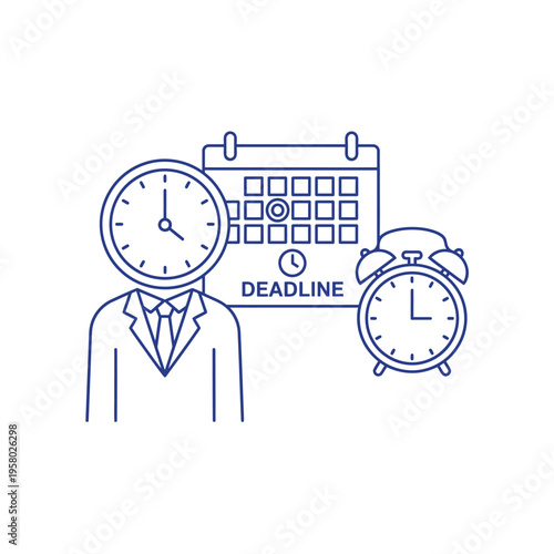 Man with clock for head representing deadline and time management.