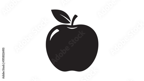 Apple icon with stem and leaf in solid black silhouette on a white background, representing fruit and healthy food