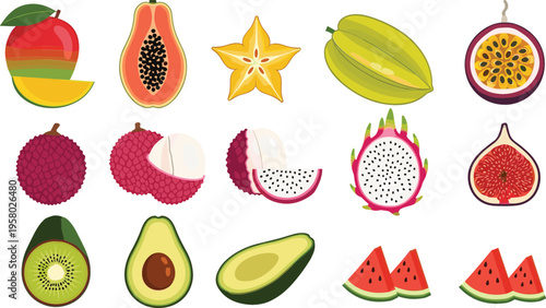 Tropical Exotic Fruit Icon Set Featuring Mango, Papaya, Starfruit, Passion Fruit, Lychee, Dragon Fruit, Fig, Kiwi, Avocado, and Watermelon Isolated Vector Illustration