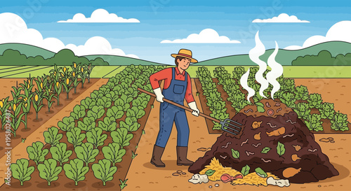 Farmer tending to a large compost pile on a farm.