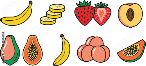 Colorful Vector Icon Set of Fresh Tropical Fruits Including Banana Slices, Strawberry, Peach, and Papaya for Health Apps, Modern Menus, and Organic Food Branding