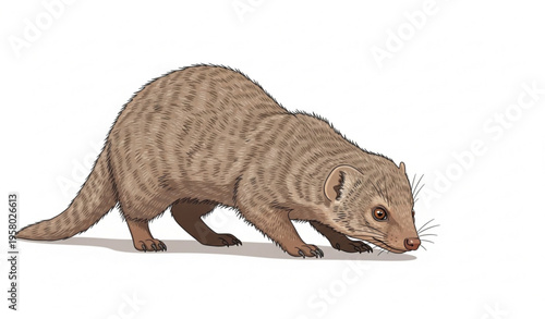 Common dwarf mongoose foraging on ground with natural alert behavior vector illustration isolated on white background