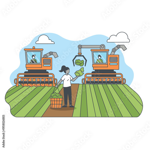 Modern Farming Technology with Woman and Harvesters.