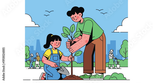 Father and daughter planting a tree together in a park.
