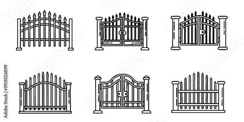 Various metal gates and fences on display in an outdoor setting with different designs.