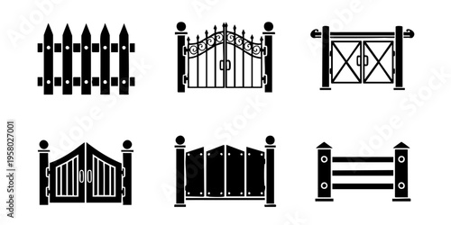 Various metal gates and fences are shown in a collection of illustrations.