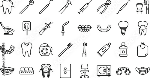 A set of dental concept illustrations in line art design, featuring various vector silhouettes of teeth, tools, and equipment for oral health and hygiene.