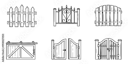 Various gates and fences are shown in different designs and styles.