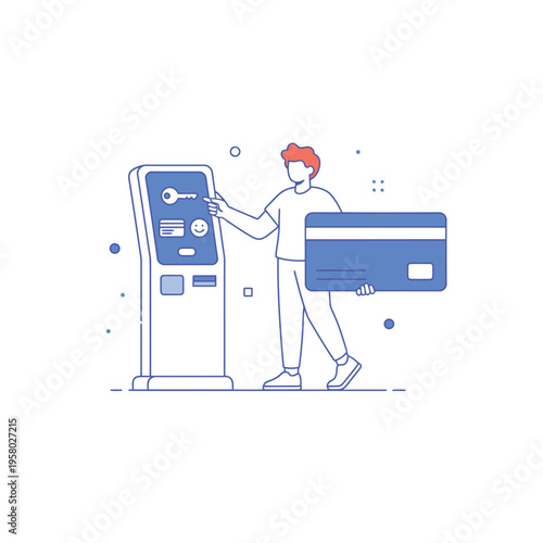 Man Using Self-Service Kiosk with Credit Card for Payment.