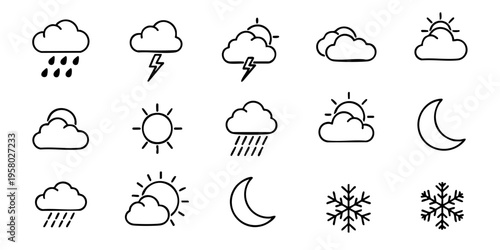 Weather icons depict various conditions including rain, snow, and sunshine.