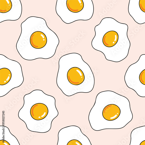 Seamless pattern of cartoon fried eggs with yellow yolk and white border on pink background with fried egg