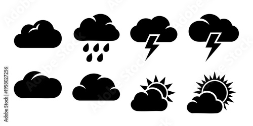 Weather forecast icons show various clouds with rain, lightning, and sun.