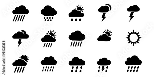 Weather icons depict various cloud rain sun stormy conditions with lightning.